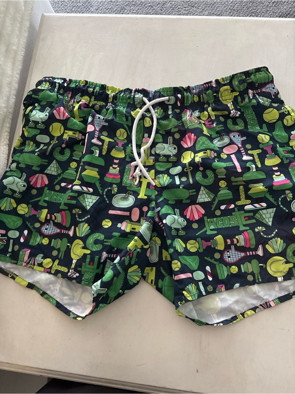 Lacoste Navy Swim Shorts with Green & Pink Graphic Print